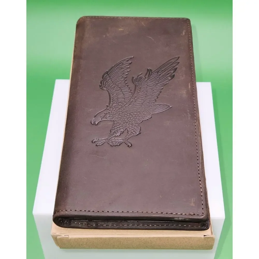 Vintage Brown Leather Long Wallet with Eagle Embossed Design RFID Bifold